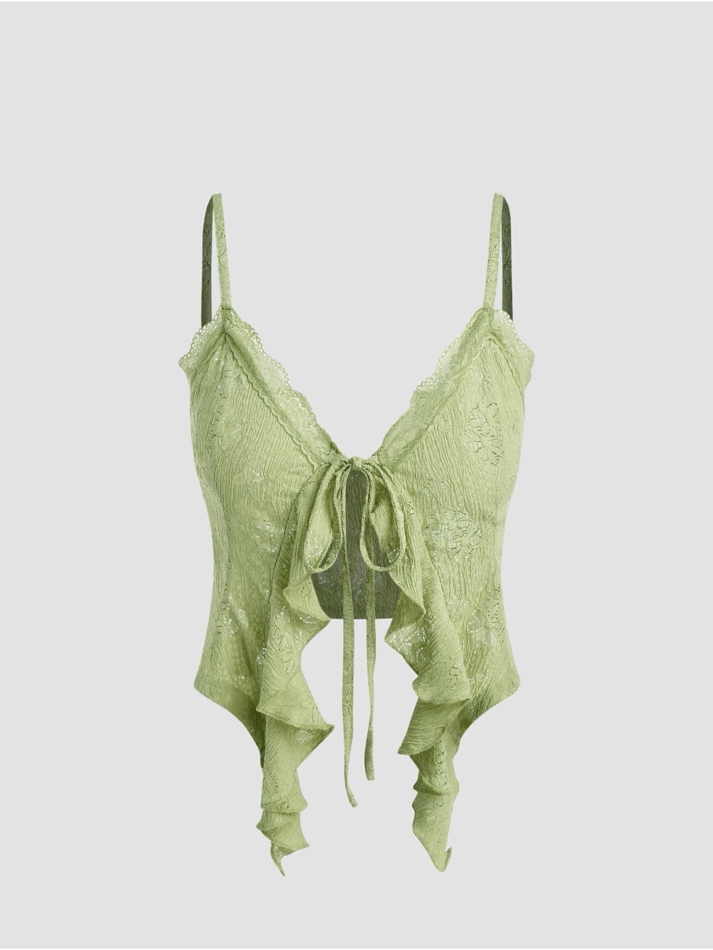 Cider Light Green Lace Ruffle Knotted Knit crop top